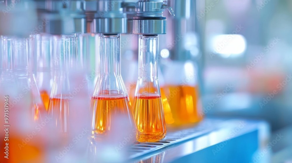 A Close-Up View of Flasks Filled with Orange Liquid, chemical, science, experiment A Close-Up View of Flasks Filled with Orange Liquid, chemical, science, experiment