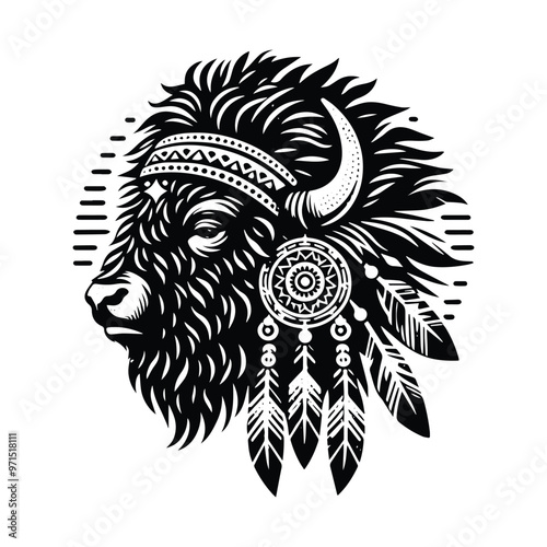 Buffalo in bohemian black and white silhouette illustration