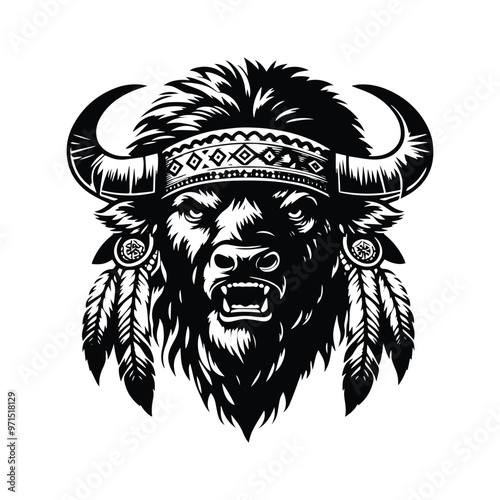 Buffalo in bohemian black and white silhouette illustration