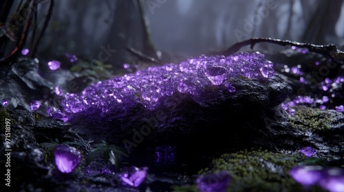  A tight shot of a purple blobby substance on a rock amidst a forest teeming with leafy greens and colorful blooms photo