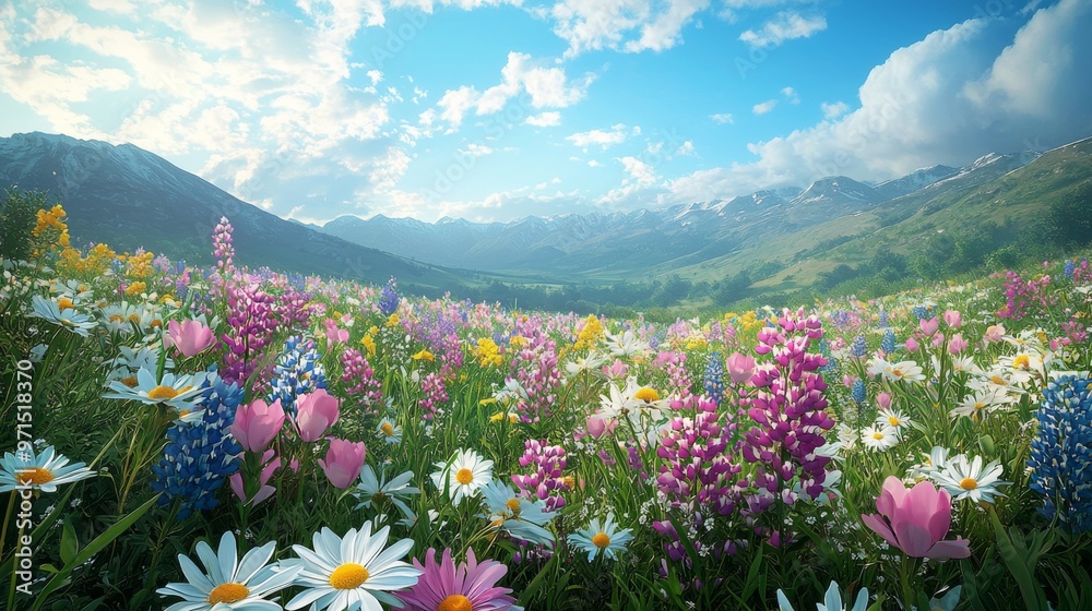 Obraz premium Beautiful alpine meadow bursting with colorful wildflowers under a bright blue sky, framed by majestic mountains and fluffy clouds.