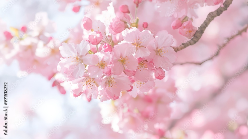 A tight shot of a tree adorned with pink blooms on its branches against a blue backdrop A tight shot of a tree adorned with pink blooms on its branches against a blue backdrop