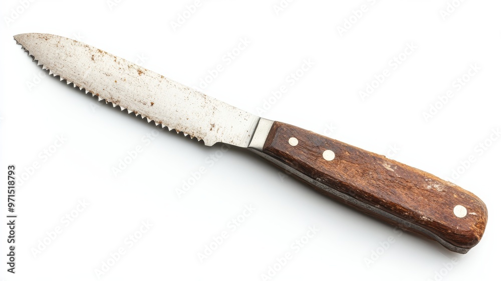 A Worn and Rusty Serrated Knife With a Wooden Handle, isolated on white background, Photography, Serrated Knife, Rustic ,Knives, Tools A Worn and Rusty Serrated Knife With a Wooden Handle, isolated on white background, Photography, Serrated Knife, Rustic ,Knives, Tools