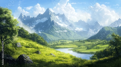 A river runs through the foreground, green grass precedes it, behind lies a mountain range