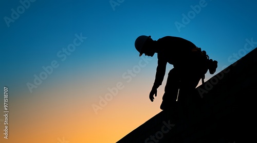 Silhouette of a construction worker wearing a hardhat against a sunset sky.