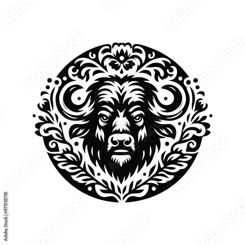 Buffalo in folk art black and white silhouette illustration
