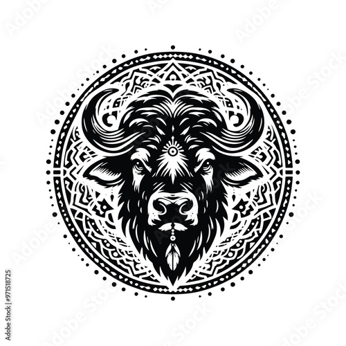 Buffalo in bohemian black and white silhouette illustration