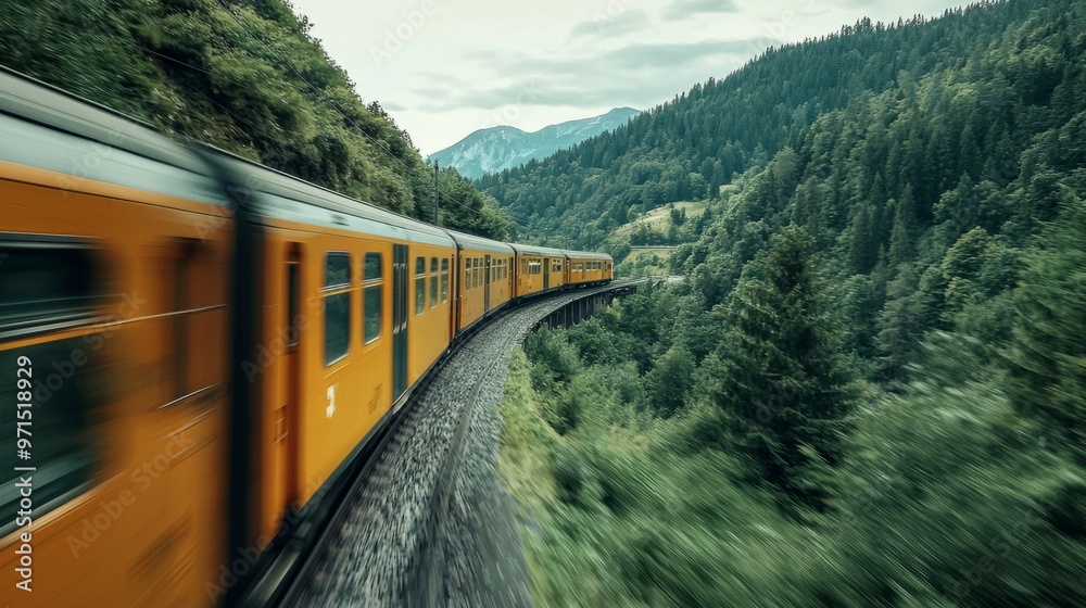Fototapeta premium train traveling fast through rural mountain