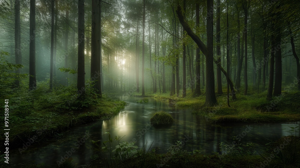 Obraz premium A forest stream runs through a lush green landscape of grass and trees, sun illuminating foggy woods via tree canopies
