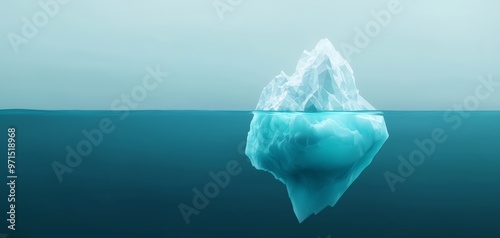 Digital representation of an iceberg, where the visible tip is natural and the submerged part is a polygonal network, technology beneath the surface, symbol of unseen complexity photo