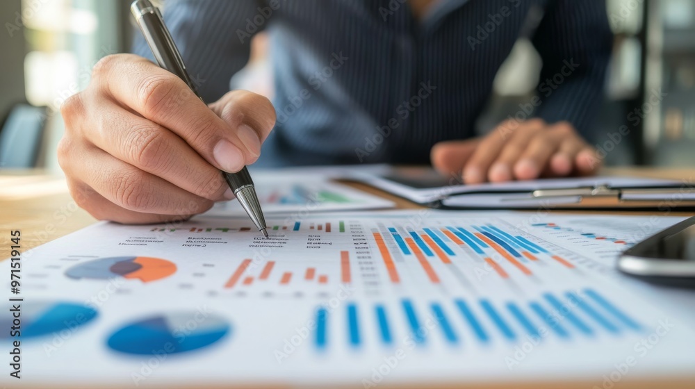 Analyzing Financial Data with a Pen, Close-Up Perspective, Composition Hand, Pen, Charts, Concept Business Analysis, Financial Performance