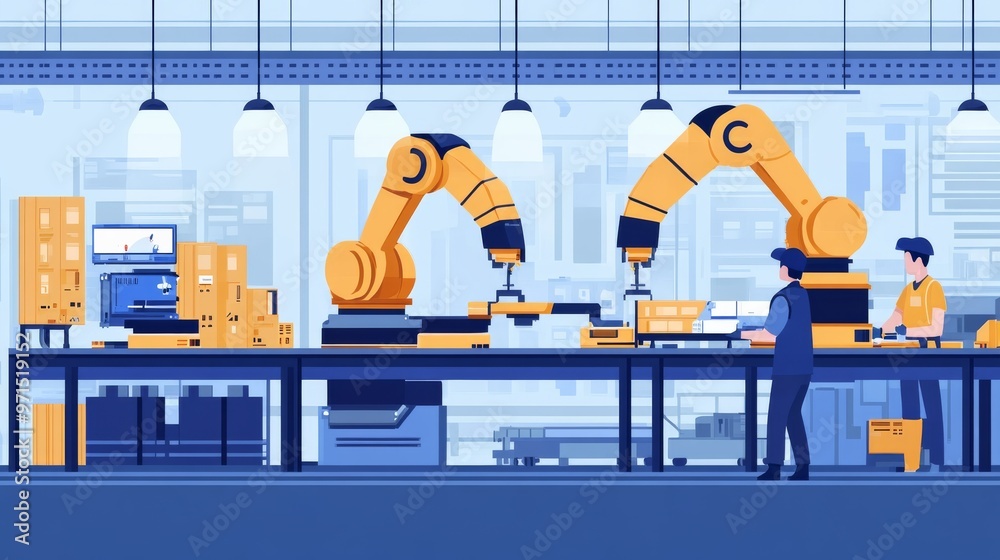 Automated Warehouse with Robotic Arms and Workers, warehouse, robotics, automation Automated Warehouse with Robotic Arms and Workers, warehouse, robotics, automation