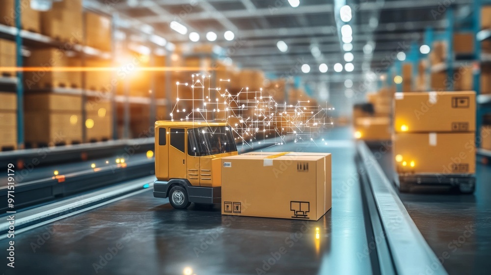 Automated Warehouse with Delivery Truck and Networked Boxes, Logistics, Automation, Delivery Automated Warehouse with Delivery Truck and Networked Boxes, Logistics, Automation, Delivery