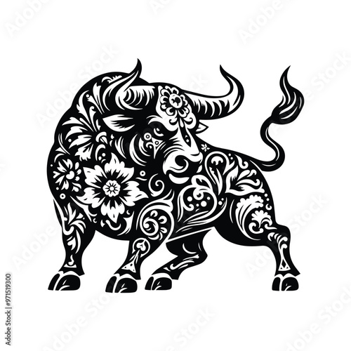 Bull in folk art black and white silhouette illustration