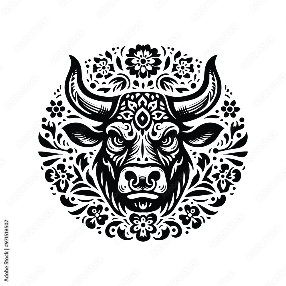 Obraz premium Bull in folk art black and white silhouette illustration