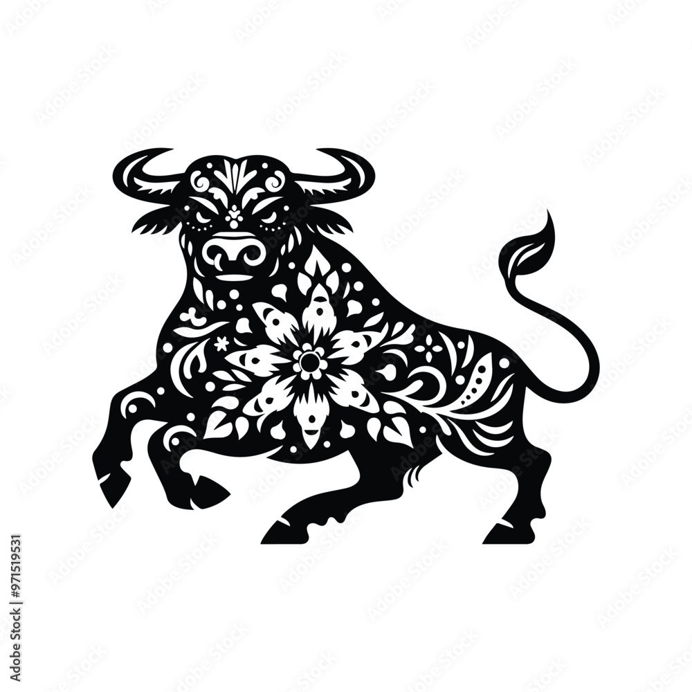 Obraz premium Bull in folk art black and white silhouette illustration