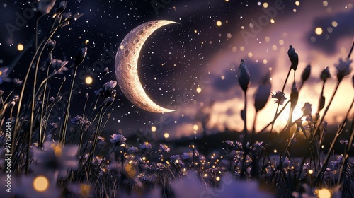  A crescent moon painting graces the night sky, with foreground flowers and background stars photo