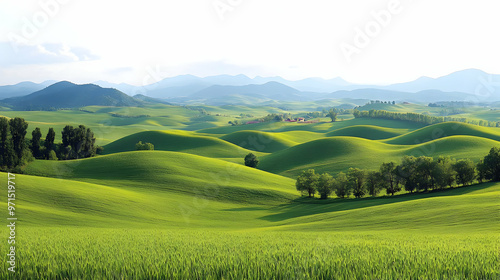 A serene landscape featuring rolling green hills and distant mountains under a clear sky.