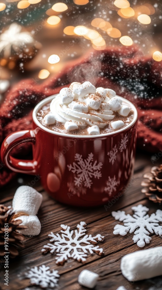 Fototapeta premium A steaming mug of hot chocolate with whipped cream and marshmallows rests on a wooden table adorned with snowflakes and a woolen scarf