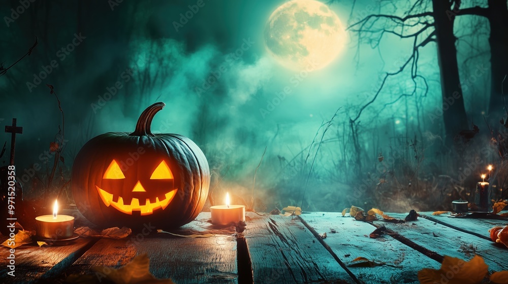 Naklejka premium Halloween background with a scary graveyard spooky forest postcard