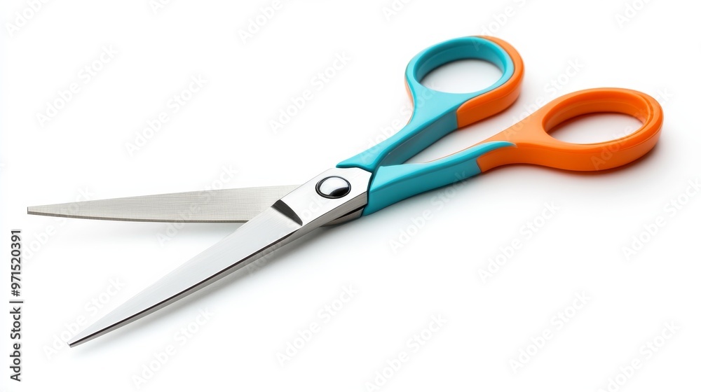 Close-up of Bright Blue and Orange Scissors on White Background, isolated, scissor , tool , craft Close-up of Bright Blue and Orange Scissors on White Background, isolated, scissor , tool , craft