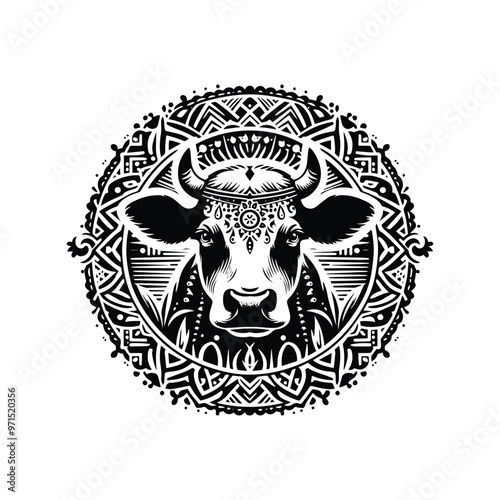 Cow in bohemian black and white silhouette illustration