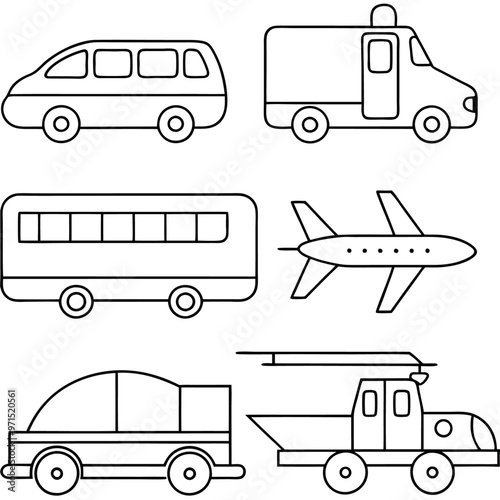 transportation set outline coloring book page line art drawing photo