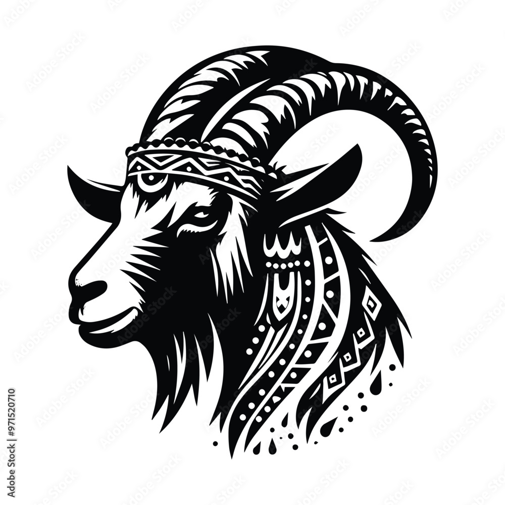 Goat in bohemian black and white silhouette illustration Goat in bohemian black and white silhouette illustration