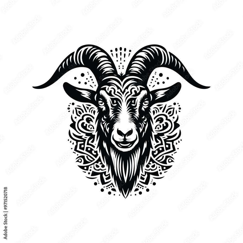 Fototapeta premium Goat in bohemian black and white silhouette illustration