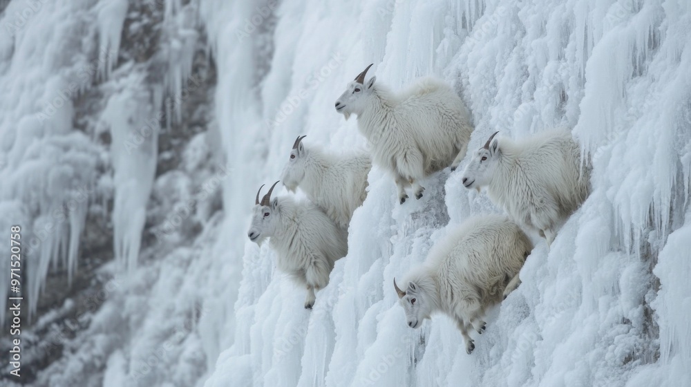 Four Mountain Goats Perched on a Frozen Waterfall Four Mountain Goats Perched on a Frozen Waterfall