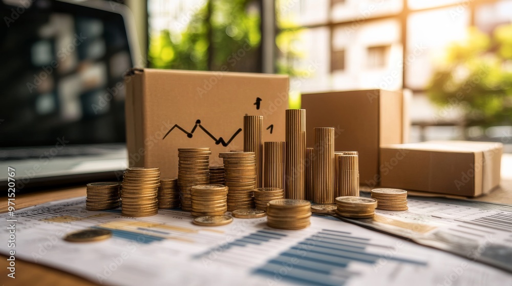 Coin Stacks Representing Financial Growth, Cardboard Boxes, Graph Paper, Finance, Investment, Business Coin Stacks Representing Financial Growth, Cardboard Boxes, Graph Paper, Finance, Investment, Business