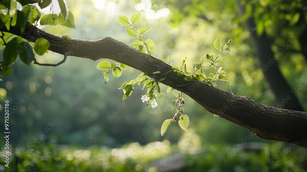 Obraz premium Close-up of tree branch with verdant leaves, sunlight filtering through behind