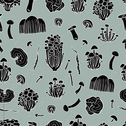 Medicinal mushrooms. Fungus seamless patternon blue background. Illustration of Shimeji, erinji, shitaki, cordyceps, turkey tail and lions mane.