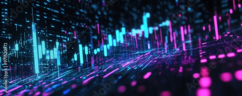 Digital stock market graph with blue and purple lines, black background, stock charts for cats theme, blurred motion of candlestick chart in the foreground Generative AI