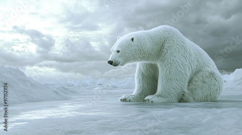 A solitary polar bear sits on a snowy landscape under a cloudy sky.