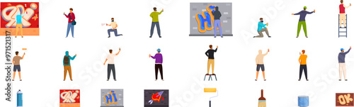 Graffiti painter icons set. Street artists making graffiti on building wall with paint cans and brushes icons set isometric vector illustration