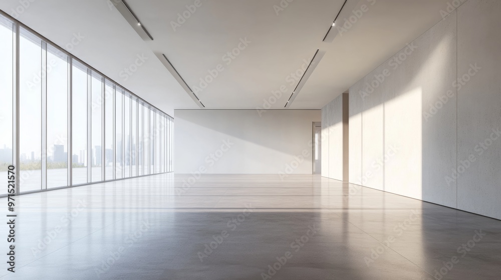Empty Modern Office Interior with City View, White Walls, Glass Windows, Concrete Floor, Minimalist Design, Office Space, Interior Design