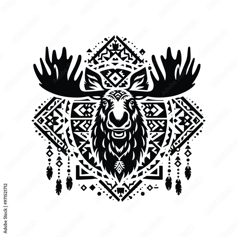 Fototapeta premium Moose in bohemian black and white silhouette illustration