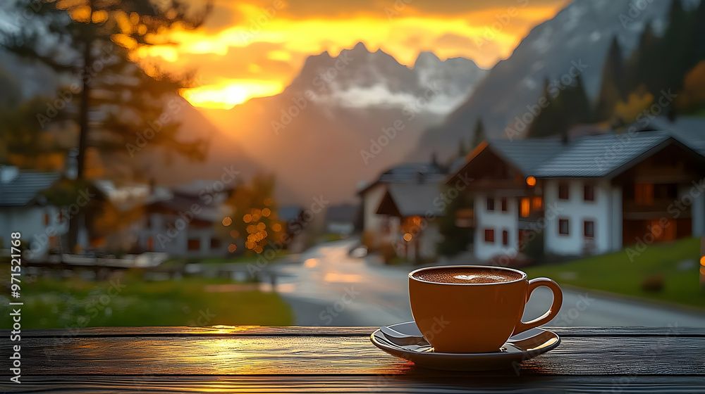 A serene sunrise view featuring a cup of coffee against a mountain backdrop.