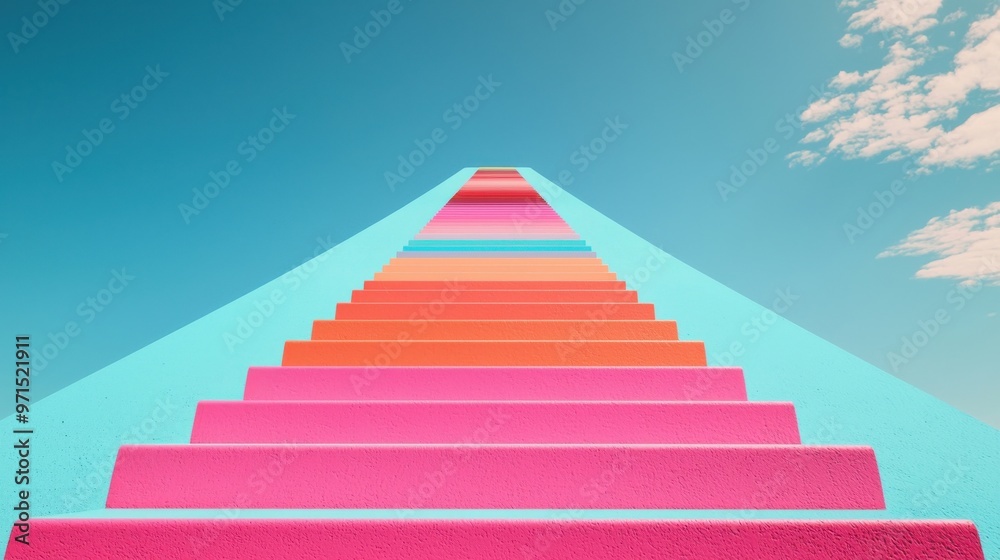 A long staircase leading up into the sky, with each step highlighted in a different color, the journey to success and the milestones that mark progress A long staircase leading up into the sky, with each step highlighted in a different color, the journey to success and the milestones that mark progress