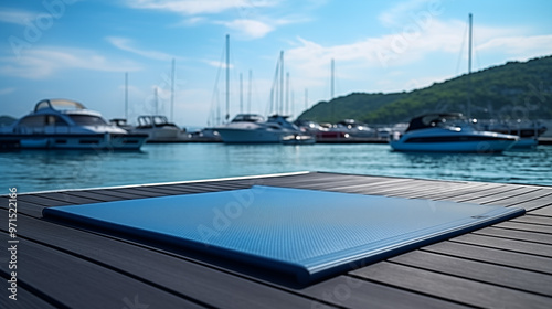 Mat in bold blue color on the pier, set up for a workout with a calming and scenic backdrop.