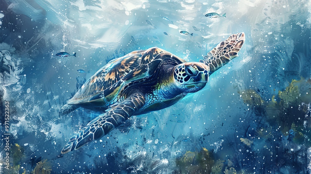 Obraz premium A watercolor-style sea turtle with an underwater scene, featuring a design suitable for cards and posters. 