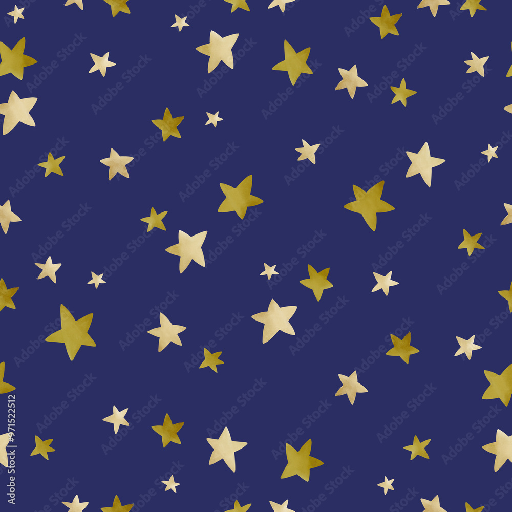 Cute seamless pattern with bright stars on a blue background. Watercolor illustration for printing on wallpaper, fabric, paper Cute seamless pattern with bright stars on a blue background. Watercolor illustration for printing on wallpaper, fabric, paper