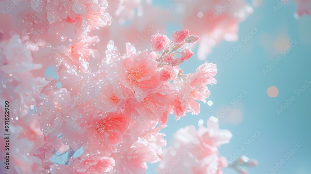 A collection of pink flowers against a blue and pink backdrop, adorned with water droplets atop A collection of pink flowers against a blue and pink backdrop, adorned with water droplets atop
