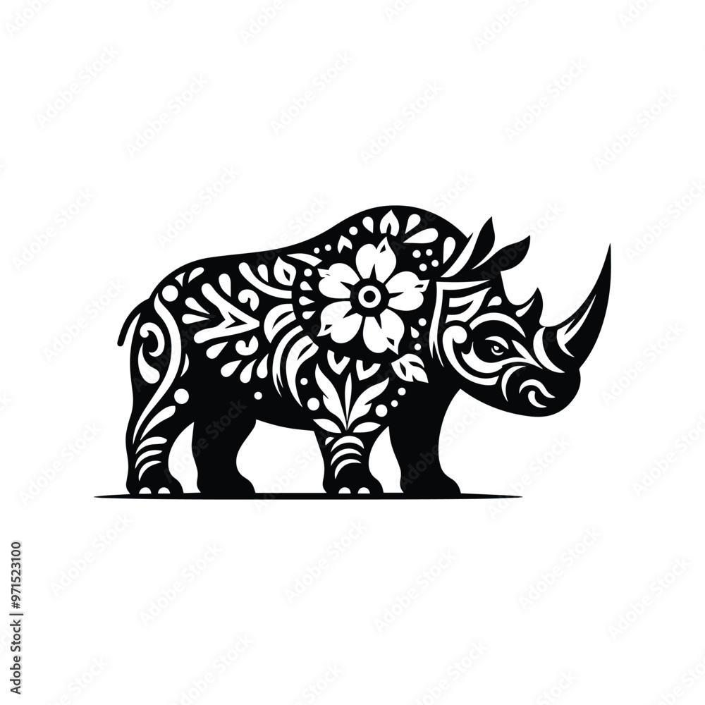 Fototapeta premium Rhinoceros in folk art black and white silhouette illustration
