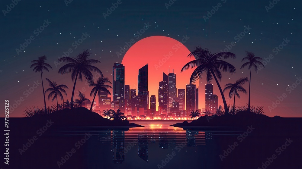 Obraz premium A vibrant sunset over a city skyline with palm trees, reflecting on calm water, creating a serene and tropical atmosphere.