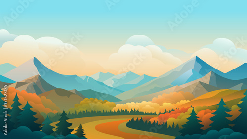 Beautiful mountain autumn landscape. Stunning mountains, colorful autumn forest and amazing clouds. Vector illustration of autumn landscape. Off-season.