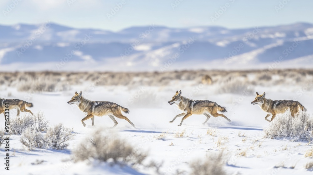 Obraz premium Coyotes Running in a Snowy Landscape