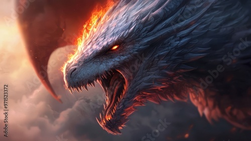  A tight shot of a dragon's fiery maw expelling flames, surrounded by swirling clouds photo