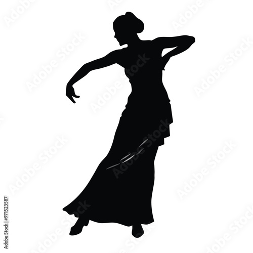 a tango dancer showcasing elegant body movement in silhouette against a white background, capturing the essence of flamenco dance 